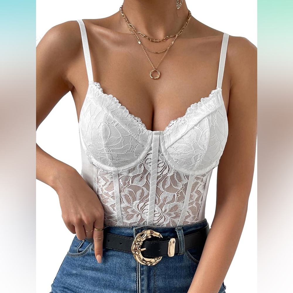 Amazon Women's Floral Lace Corset Bodysuit White Size Small